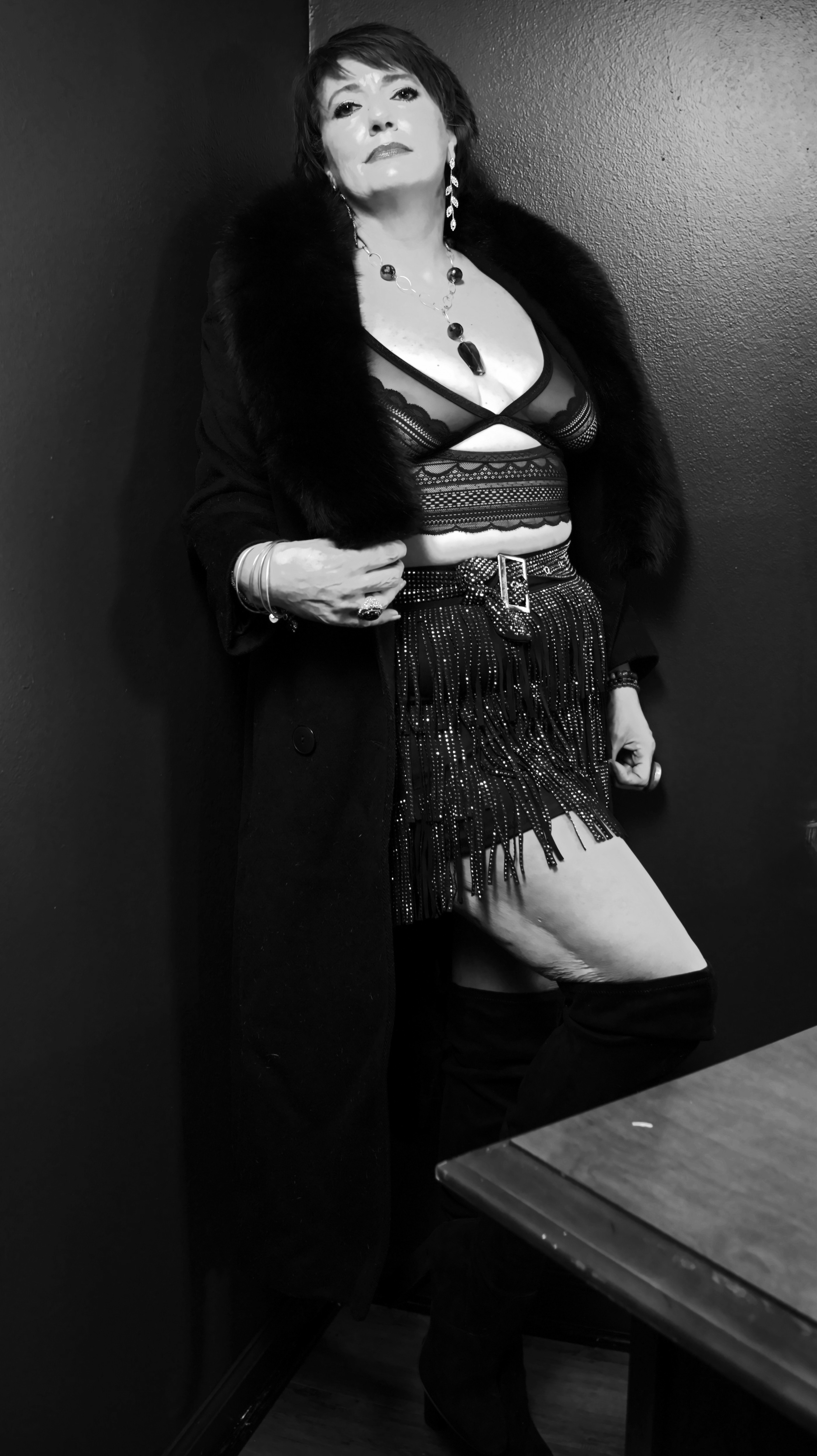Moody glamour portrait in a fur coat, cinematic light