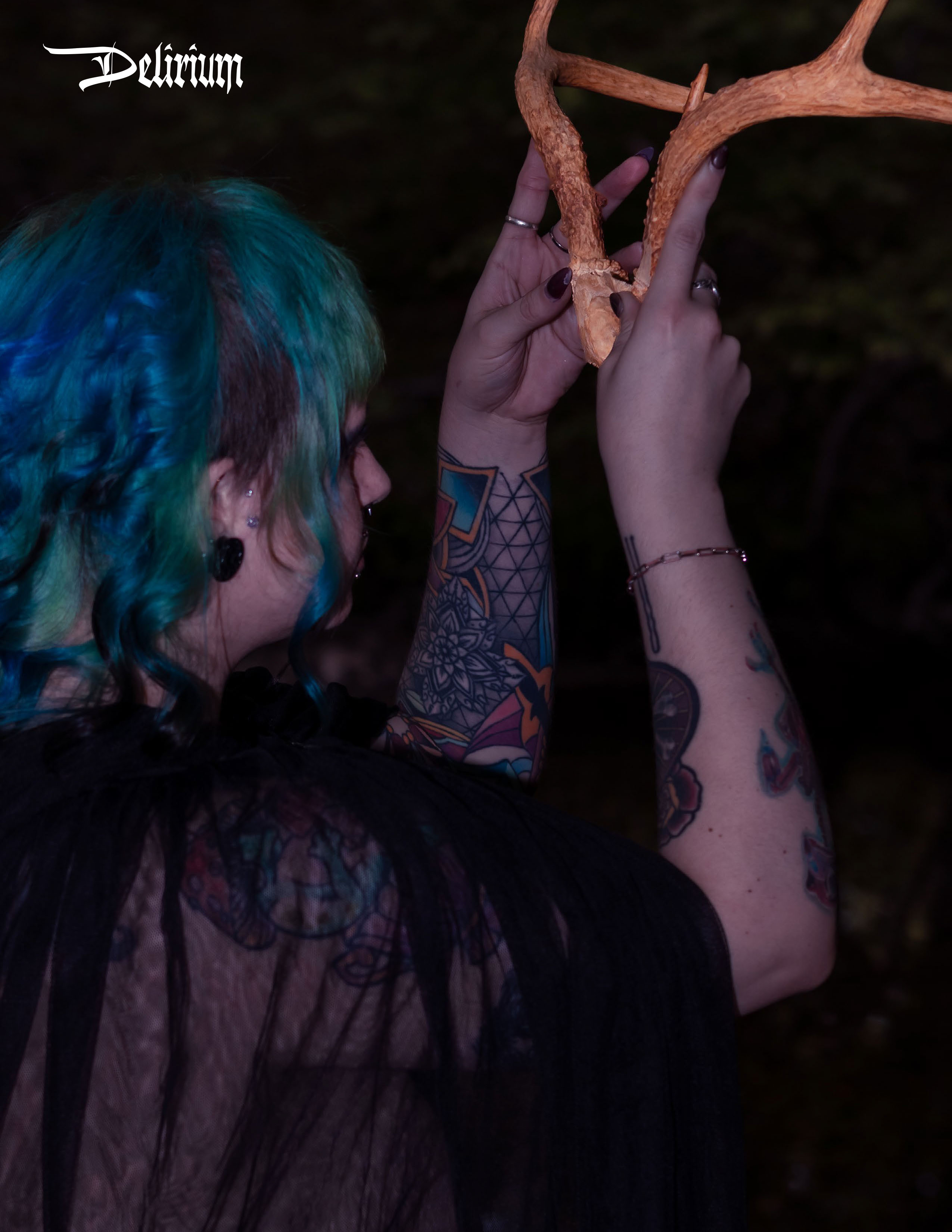 Delirium editorial: antlered profile portrait, Veil of the Arcane