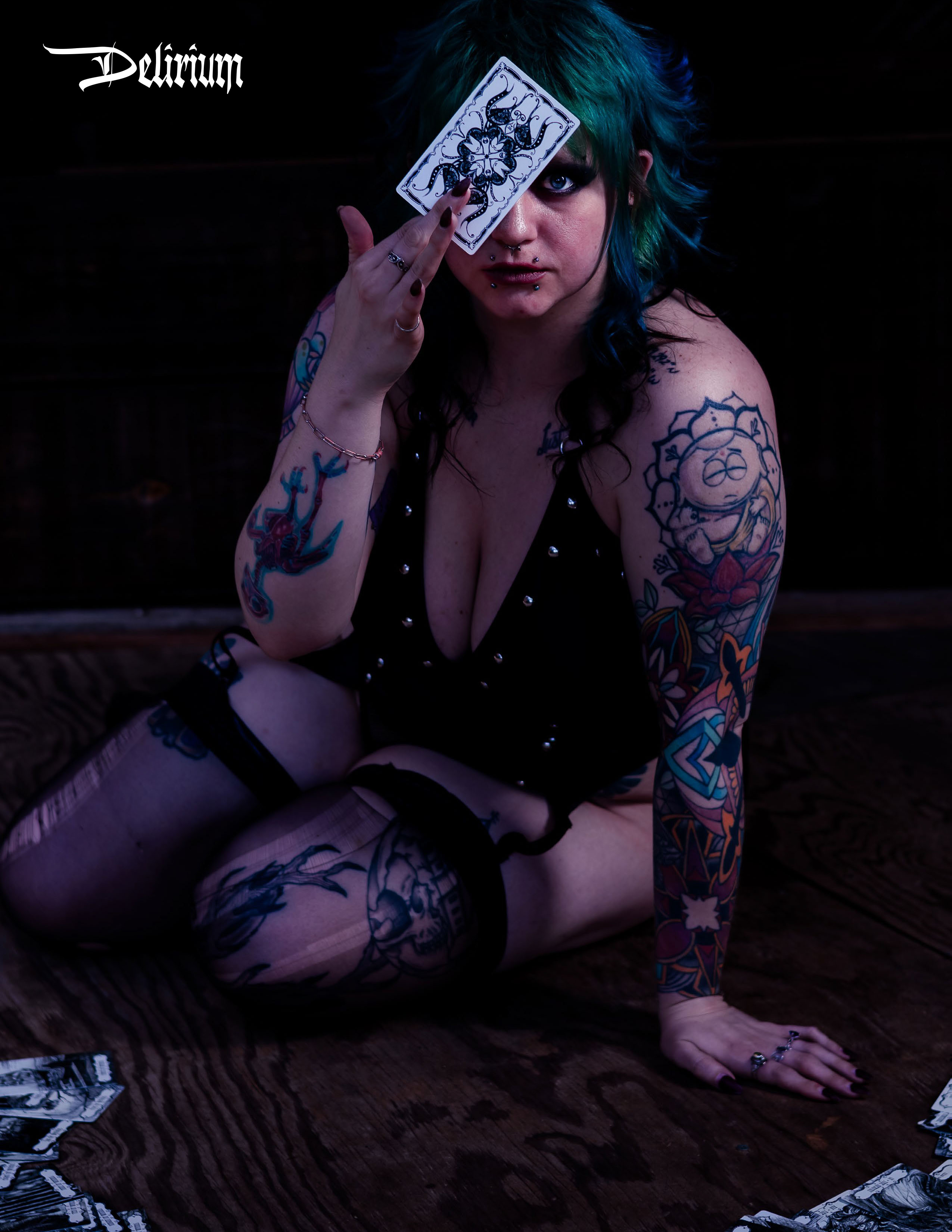Delirium editorial: seated pose with tarot cards, Veil of the Arcane